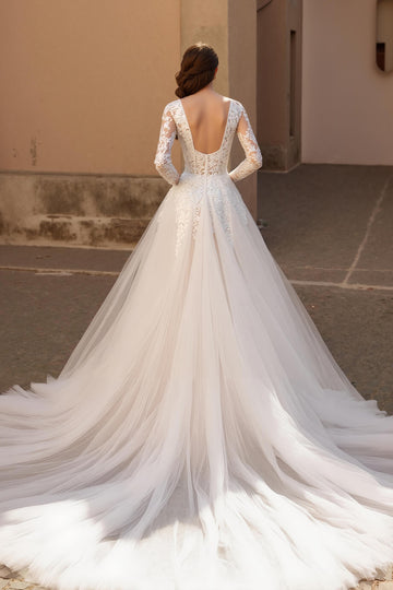 Court Train Ivory A-Line Long sleeve V-Neck Appliqued Wedding Dress